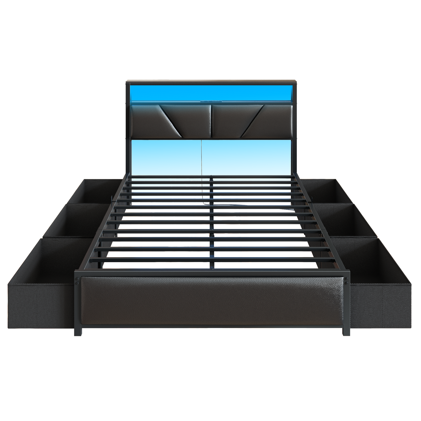 Full Size Bed Frame, 2-Tier Storage Headboard & 6 Drawers, PU Leather Upholstered Platform Bed Frame Full with Charging Station and LED Lights, No Box Spring Needed, Noise Free