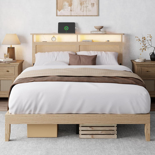 Wood Queen Bed Frame, Rattan Headboard with LED Lights and Charging Station