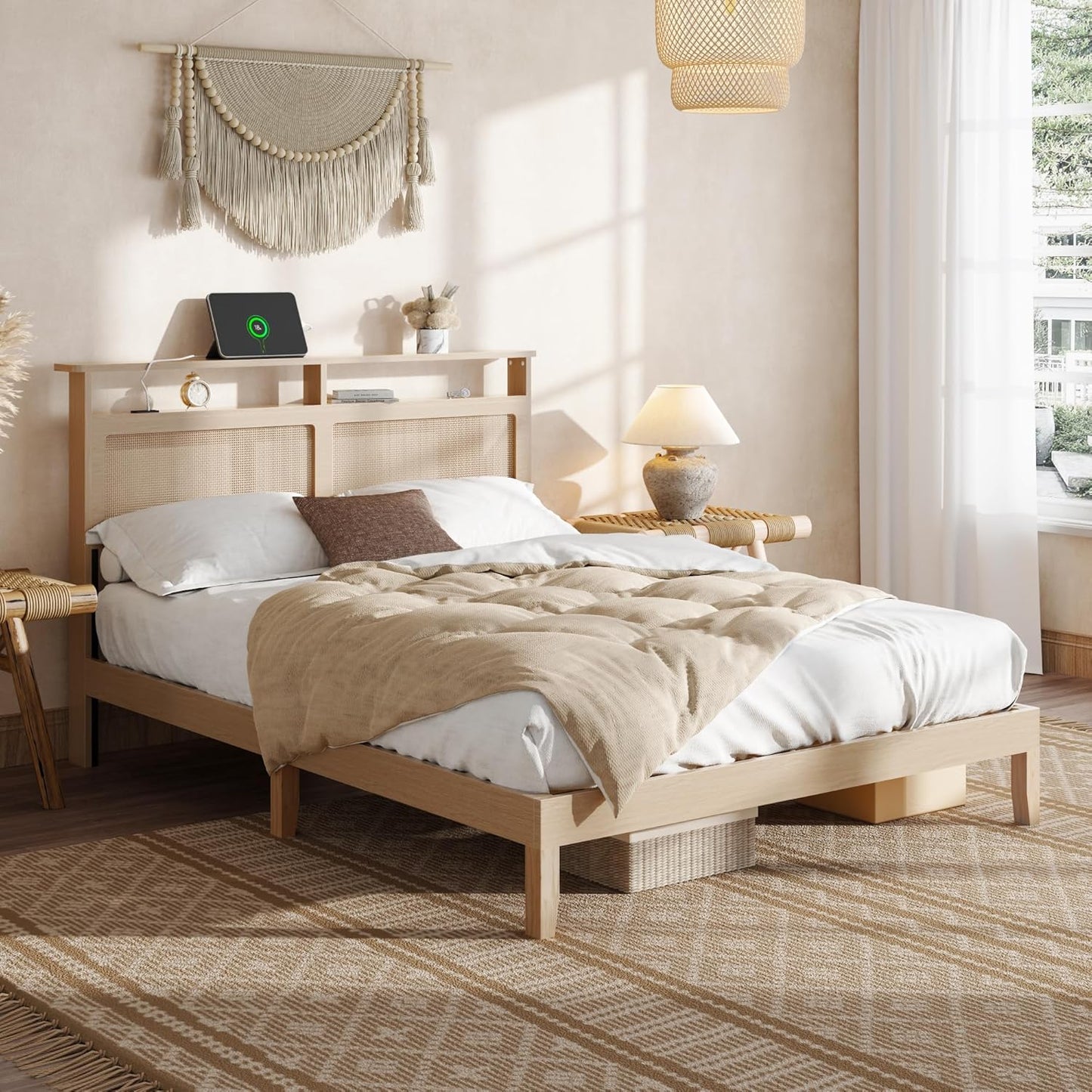 Wood Queen Bed Frame, Rattan Headboard with LED Lights and Charging Station