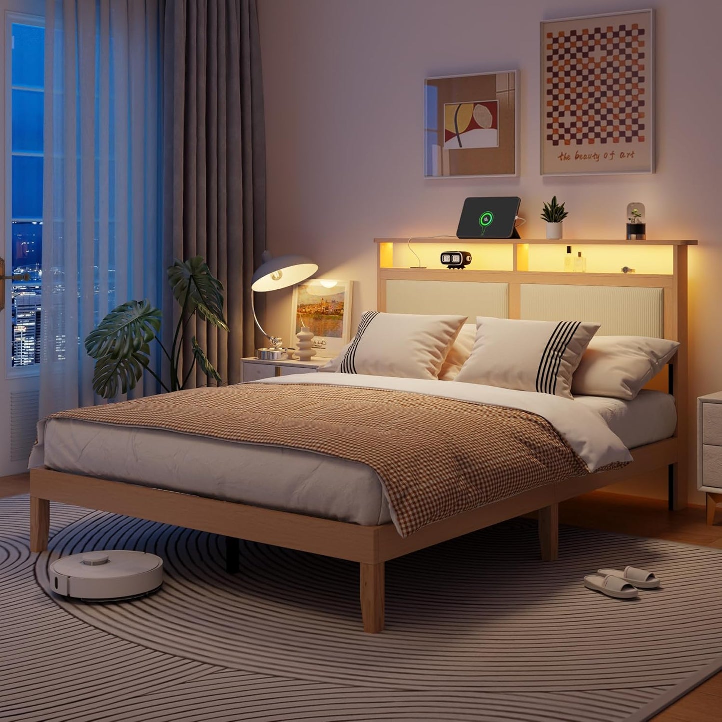 Queen Bed Frame with Headboard, Upholstered Corduroy Bedframe with LED Lights and Charging Station