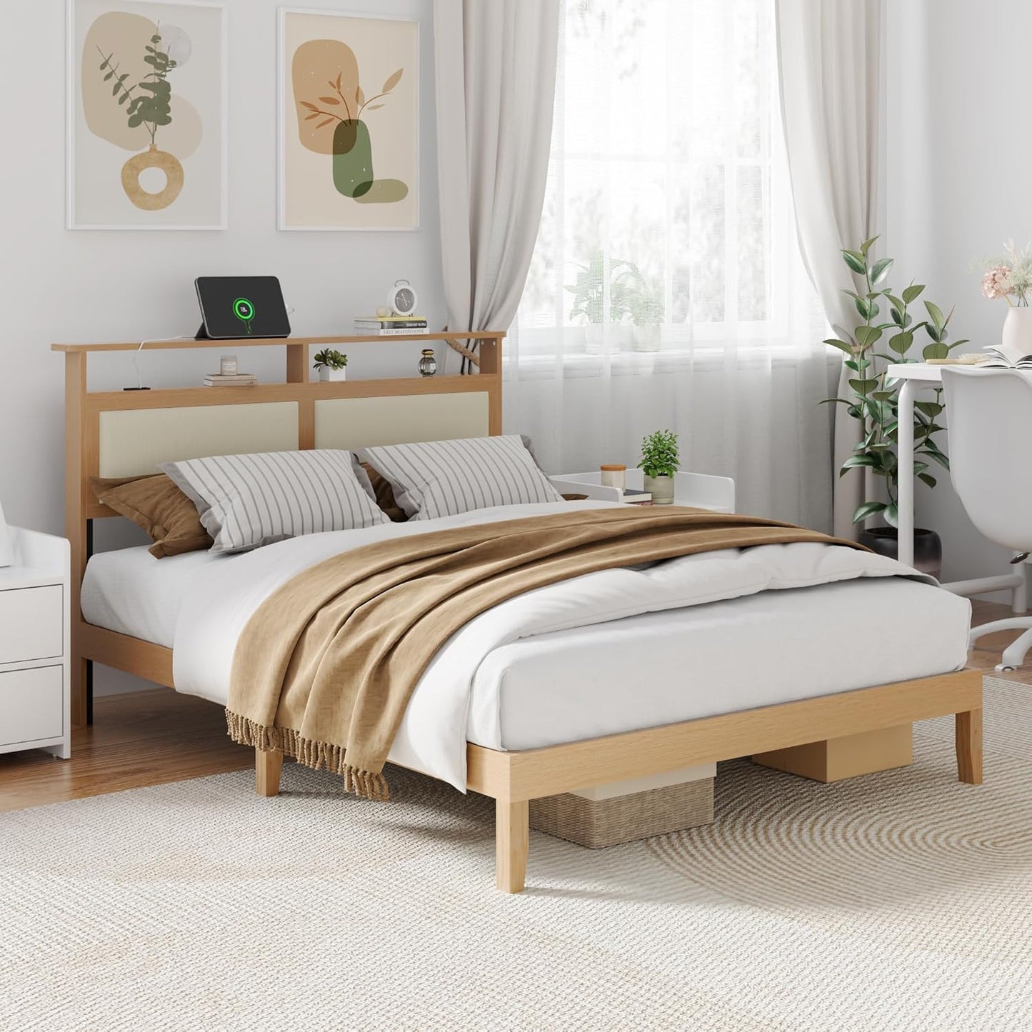 Queen Bed Frame with Headboard, Upholstered Corduroy Bedframe with LED Lights and Charging Station