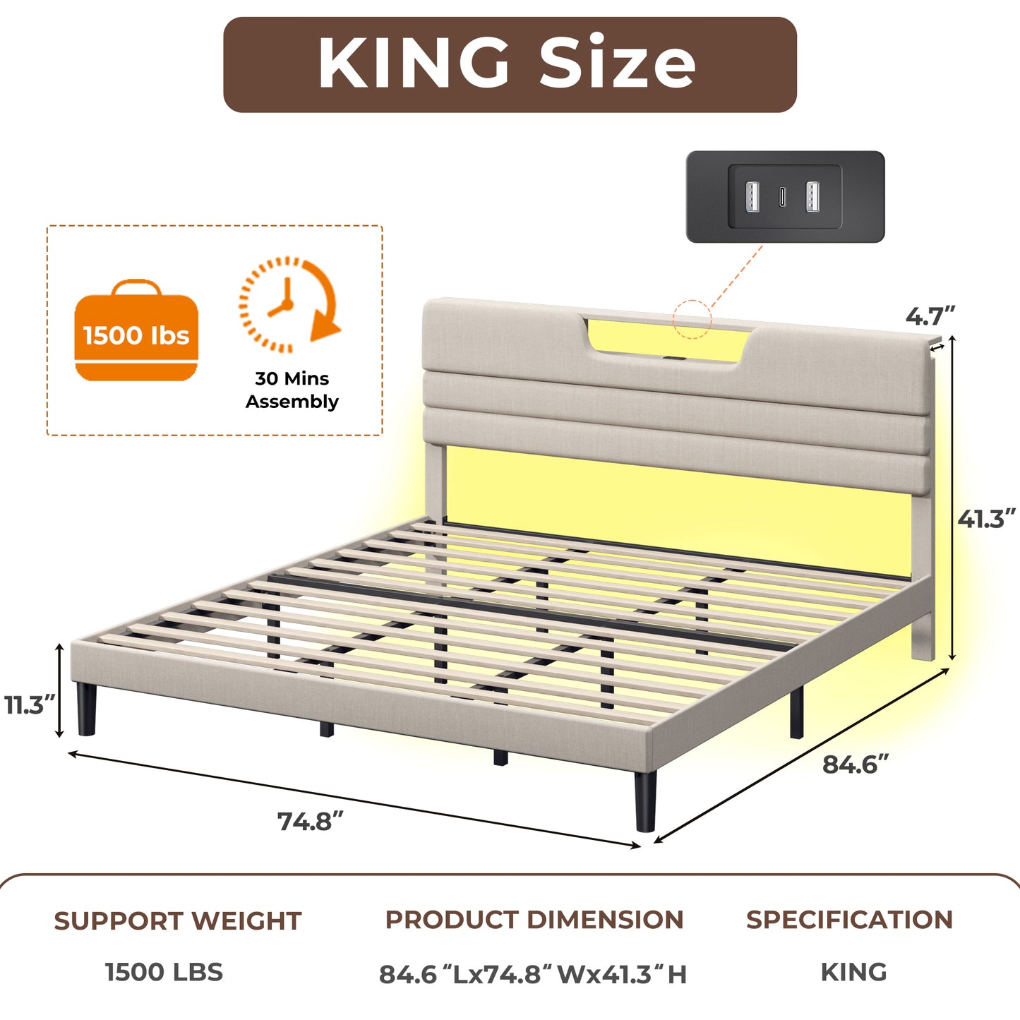 Bed Frame with LED Lights, Headboard with Charging Station and USB Port