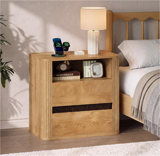 Night Stand with Charging Station, Natural Oak Bedside Table Mid Century Modern Nightstand, Round Design & Fluted Side, 2 Storage Drawers & Open Shelf, Wood End Table for Bedroom