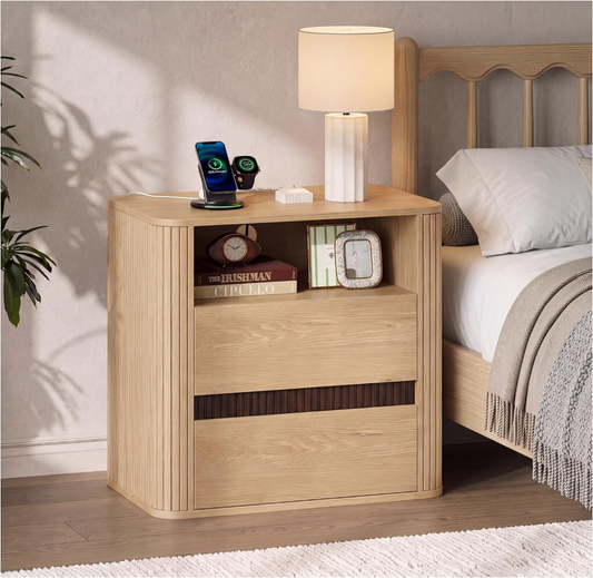 Night Stand with Charging Station, Light Oak Bedside Table Mid Century Modern Nightstand, Round Design & Fluted Side, 2 Storage Drawers & Open Shelf, Wood End Table for Bedroom