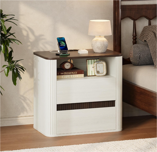 Night Stand with Charging Station, Farmhouse Bedside Table, Beige Mid Century Modern Nightstand, Round Design & Fluted Side, 2 Storage Drawers & Open Shelf, Wood End Table for Bedroom