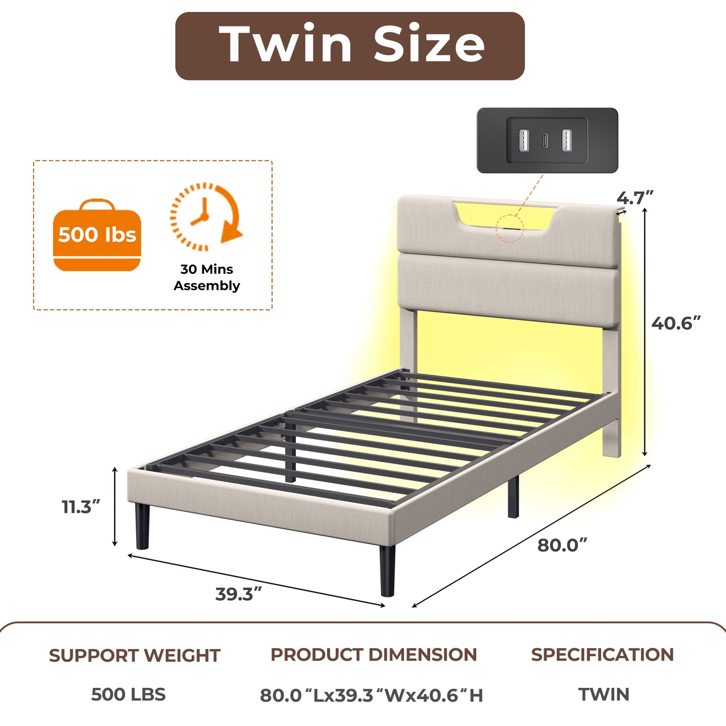 Bed Frame with LED Lights, Headboard with Charging Station and USB Port