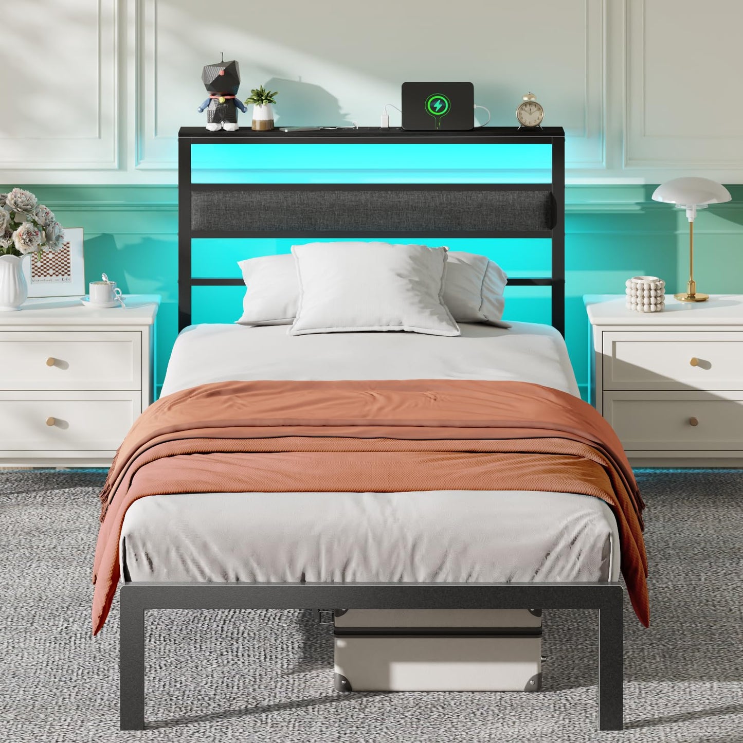 Twin Bed Frame with Led Lights and Outets, Upholstered Bed Queen Size with Headboard and Charging Station
