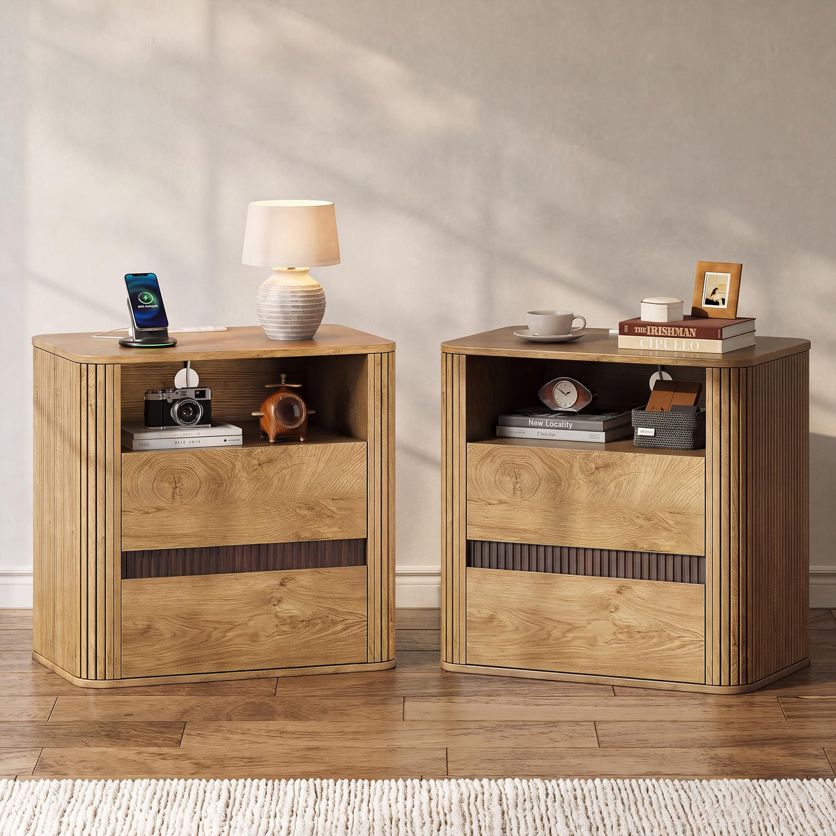 Nightstands Set of 2 with Charging Station, Natural Oak End Table Mid Century Modern Night Stand, Round Design & Fluted Side, 2 Storage Drawers & Open Shelf, Wood Bedside Table for Bedroom