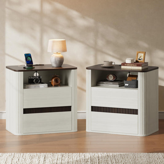 Nightstand Set of 2 with Charging Station, Beige Farmhouse End Table Modern Night Stand, Round Design & Fluted Side, 2 Storage Drawers & Open Shelf, Wood Bedside Table for Bedroom