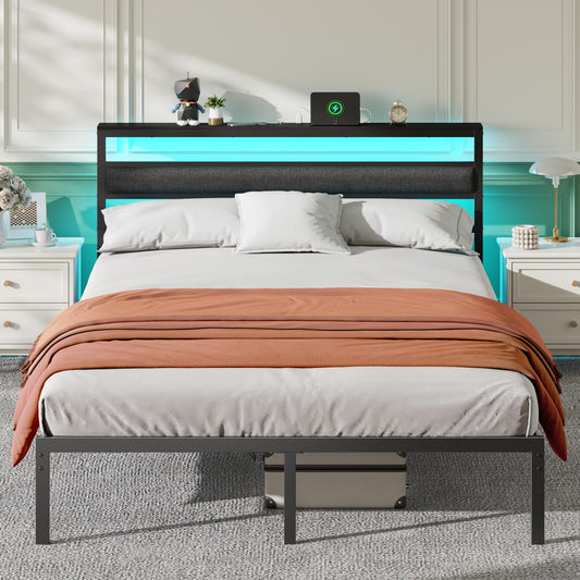 Queen Bed Frame with Led Lights and Outets, Upholstered Bed Queen Size with Headboard and Charging Station