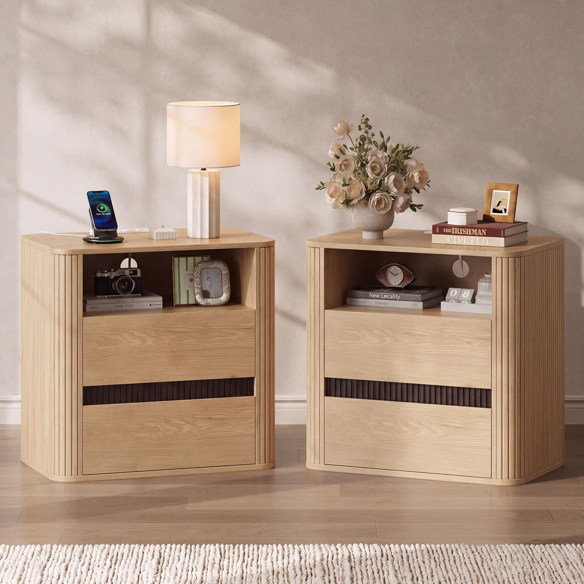 Nightstands Set of 2 with Charging Station, Light Oak End Table Mid Century Modern Night Stand, Round Design & Fluted Side, 2 Storage Drawers & Open Shelf, Wood Bedside Table for Bedroom