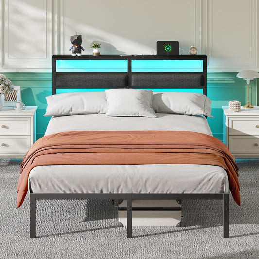 Full Bed Frame with Led Lights and Outets, Upholstered Bed Queen Size with Headboard and Charging Station