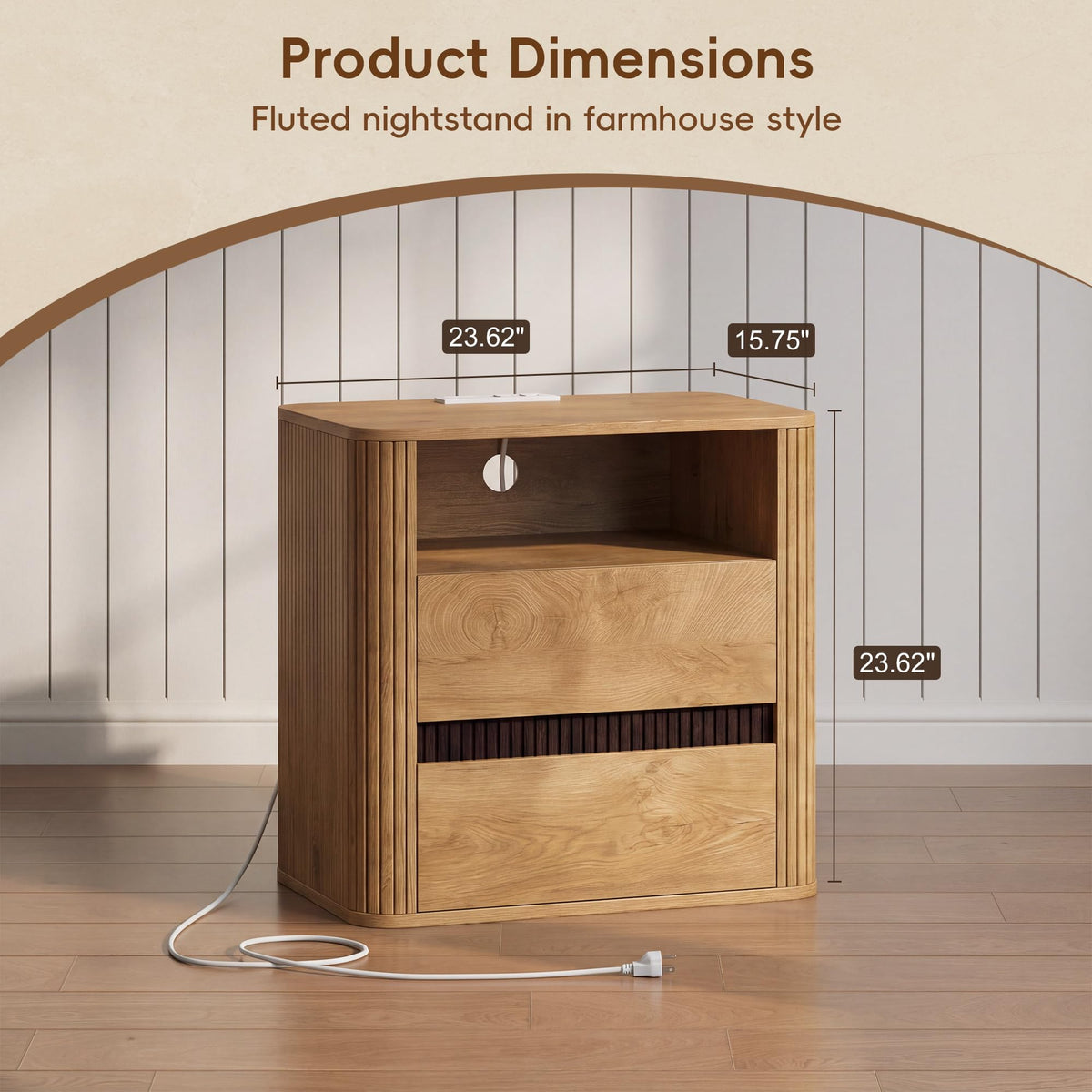 Nightstands Set of 2 with Charging Station, Natural Oak End Table Mid Century Modern Night Stand, Round Design & Fluted Side, 2 Storage Drawers & Open Shelf, Wood Bedside Table for Bedroom