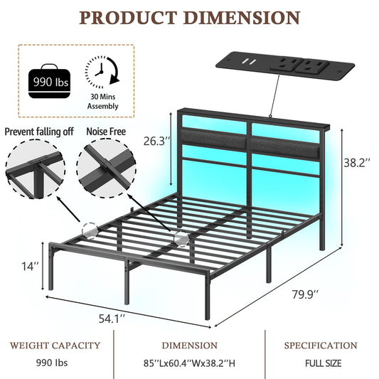 Full Bed Frame with Led Lights and Outets, Upholstered Bed Queen Size with Headboard and Charging Station