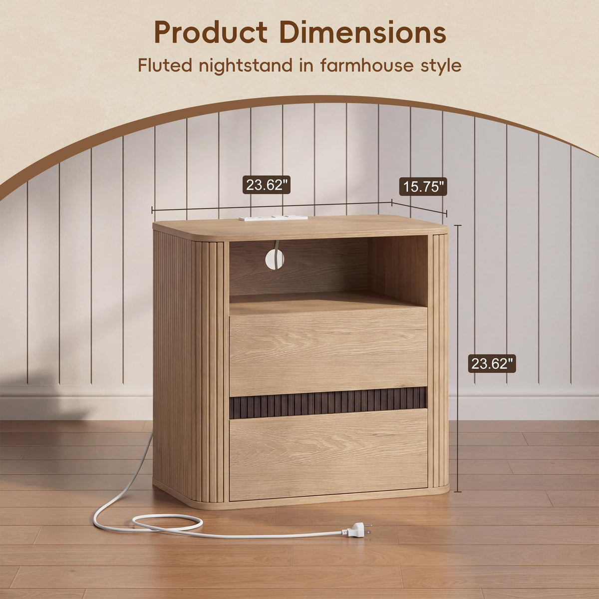 Nightstands Set of 2 with Charging Station, Light Oak End Table Mid Century Modern Night Stand, Round Design & Fluted Side, 2 Storage Drawers & Open Shelf, Wood Bedside Table for Bedroom