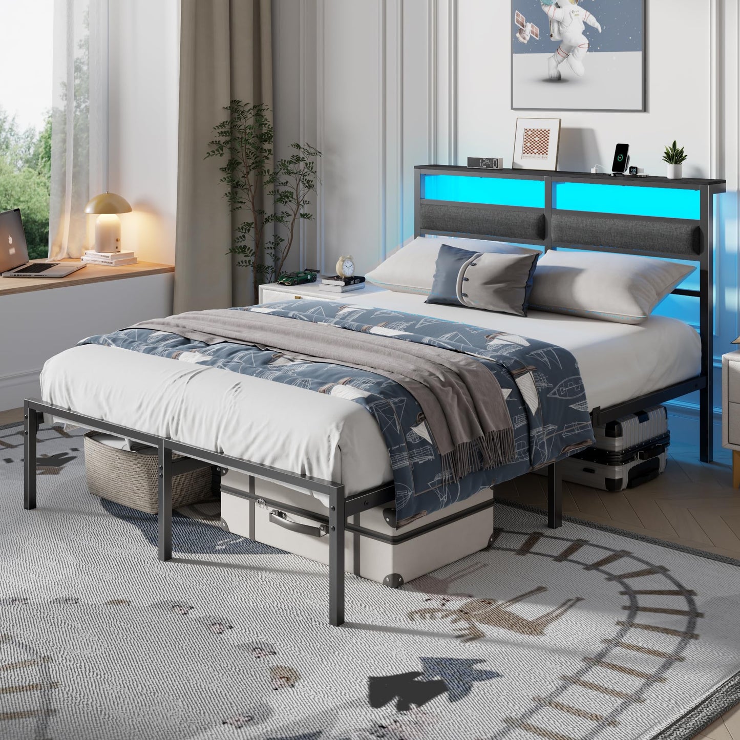 Full Bed Frame with Led Lights and Outets, Upholstered Bed Queen Size with Headboard and Charging Station