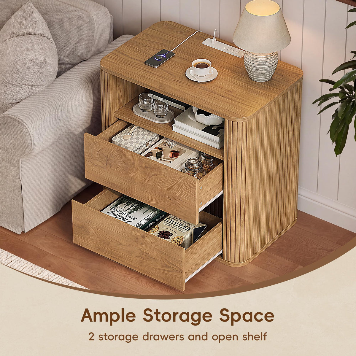 Nightstands Set of 2 with Charging Station, Natural Oak End Table Mid Century Modern Night Stand, Round Design & Fluted Side, 2 Storage Drawers & Open Shelf, Wood Bedside Table for Bedroom