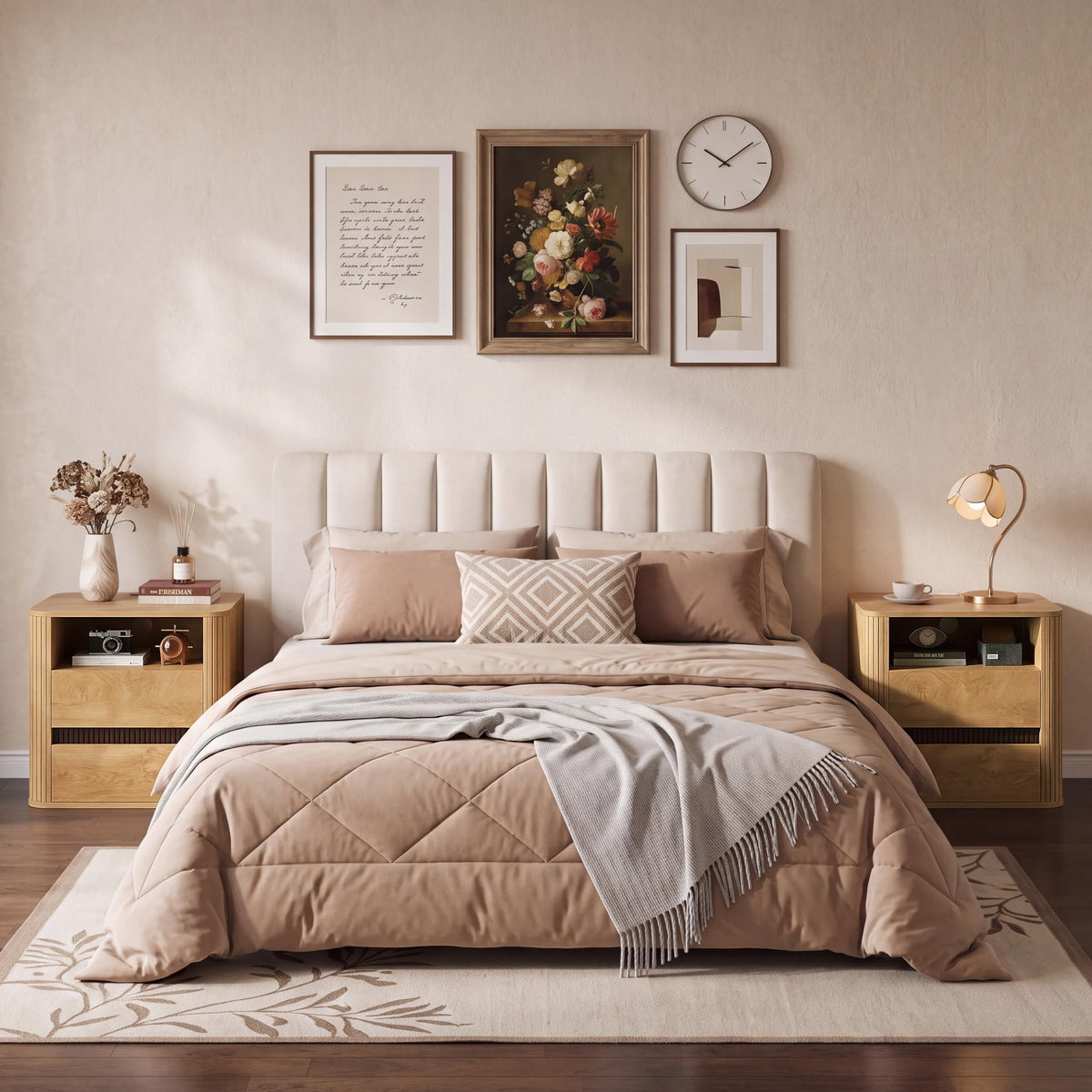 Nightstands Set of 2 with Charging Station, Natural Oak End Table Mid Century Modern Night Stand, Round Design & Fluted Side, 2 Storage Drawers & Open Shelf, Wood Bedside Table for Bedroom