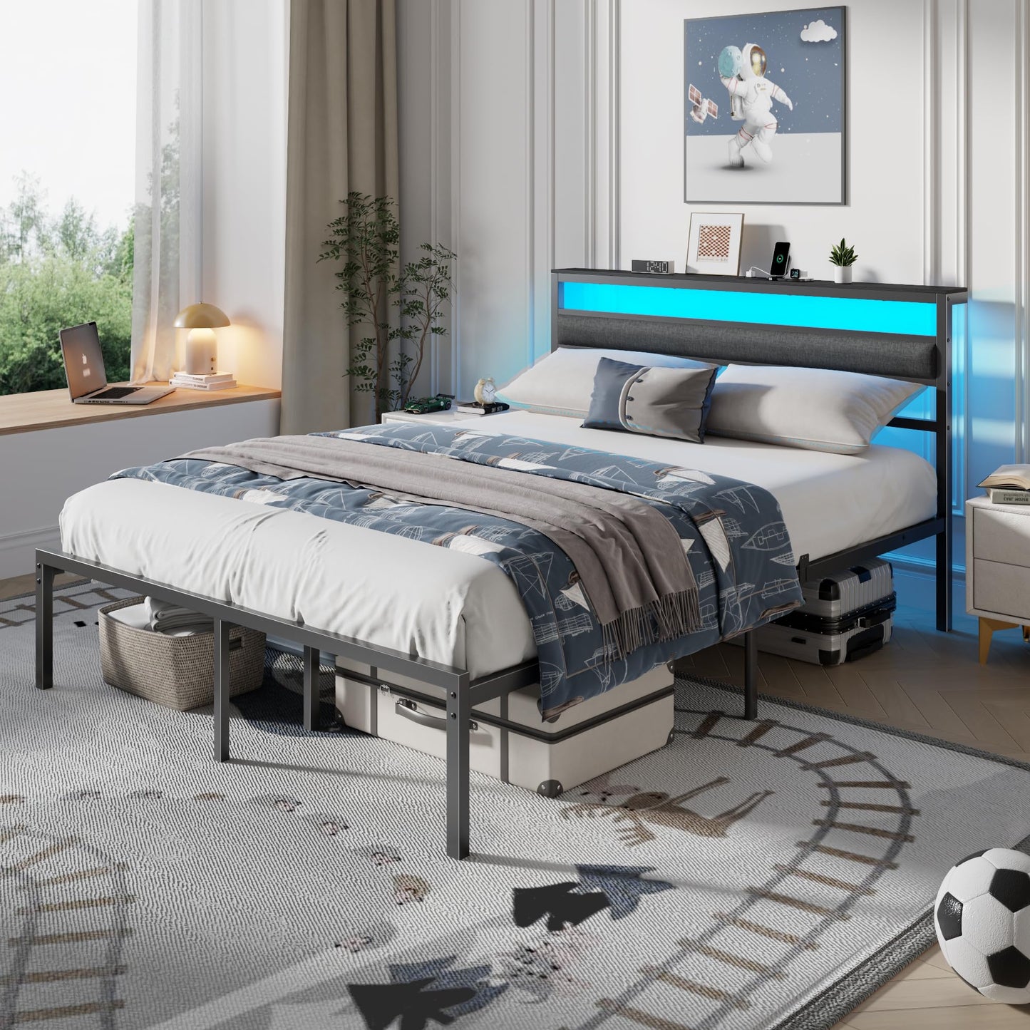 Queen Bed Frame with Led Lights and Outets, Upholstered Bed Queen Size with Headboard and Charging Station