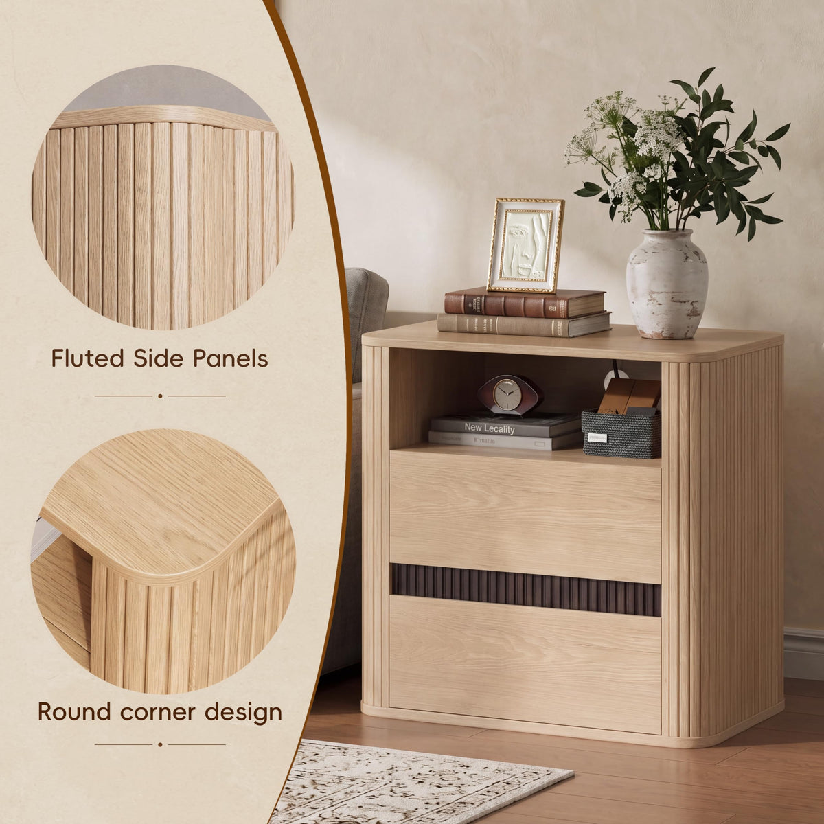 Nightstands Set of 2 with Charging Station, Light Oak End Table Mid Century Modern Night Stand, Round Design & Fluted Side, 2 Storage Drawers & Open Shelf, Wood Bedside Table for Bedroom