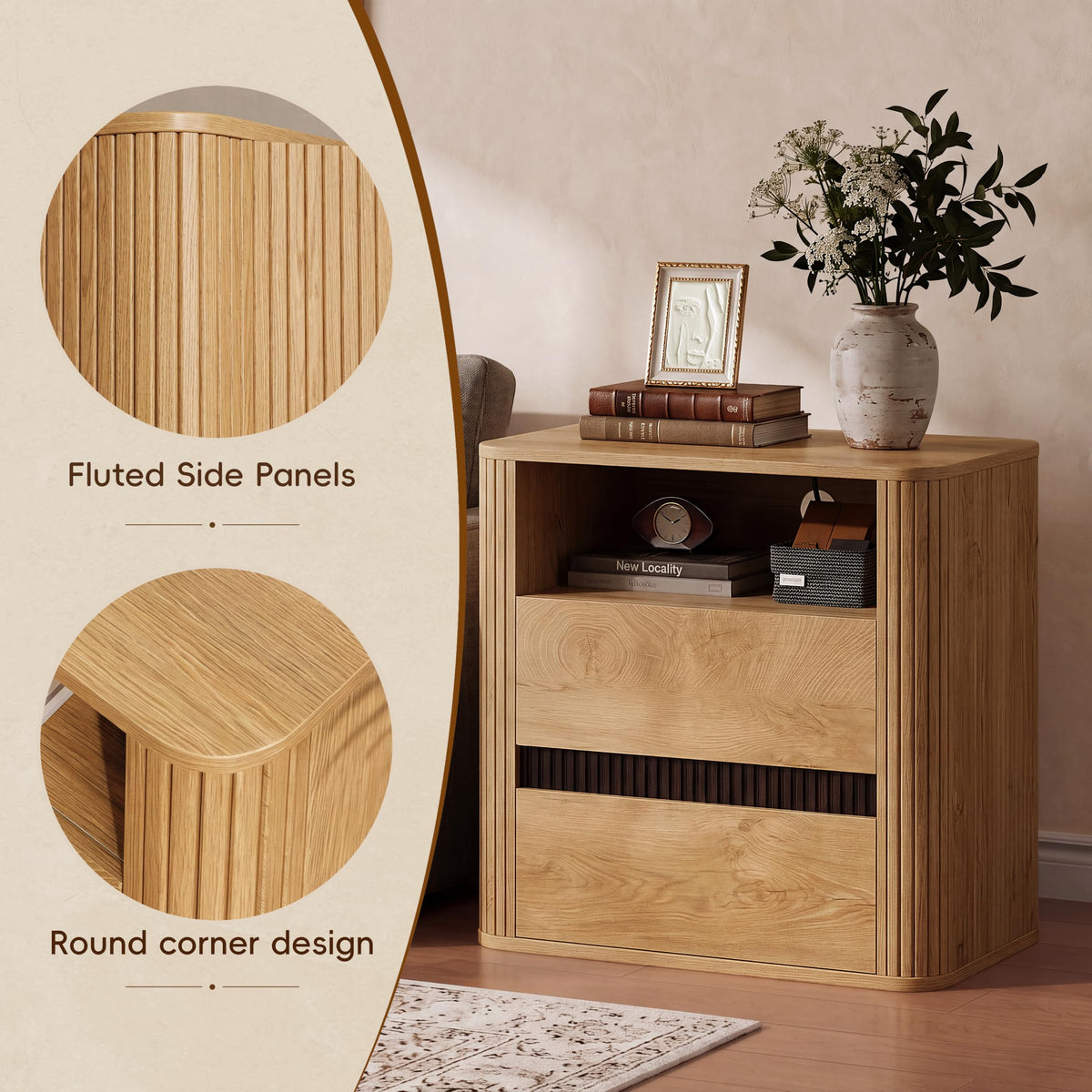 Nightstands Set of 2 with Charging Station, Natural Oak End Table Mid Century Modern Night Stand, Round Design & Fluted Side, 2 Storage Drawers & Open Shelf, Wood Bedside Table for Bedroom