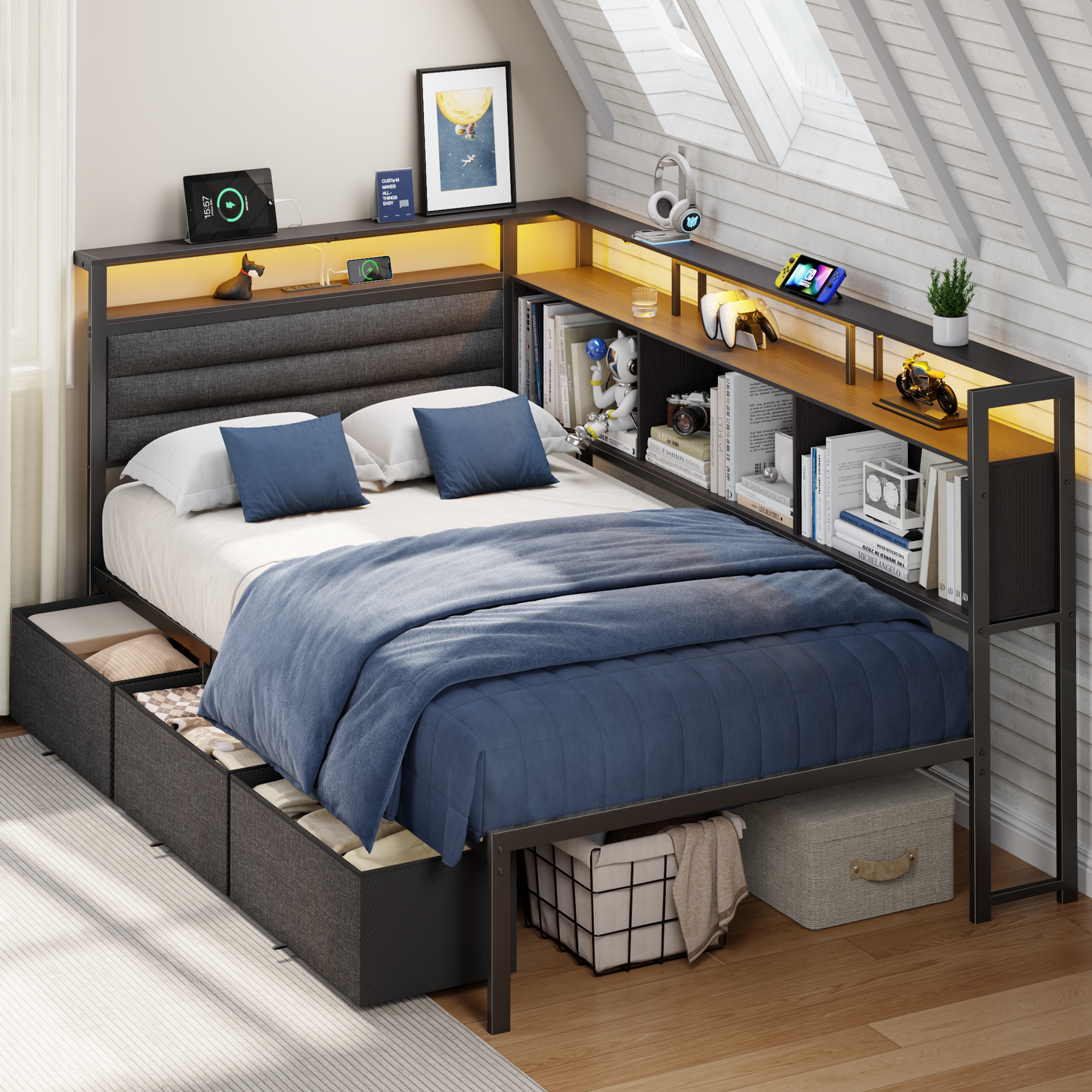 Corner Bed Frame with Storage Bookcase and LED Lights, Twin Size Bed Frames with Upholstered Headboard and Charging Station, Twin Daybed with 3 Storage Drawers, Black